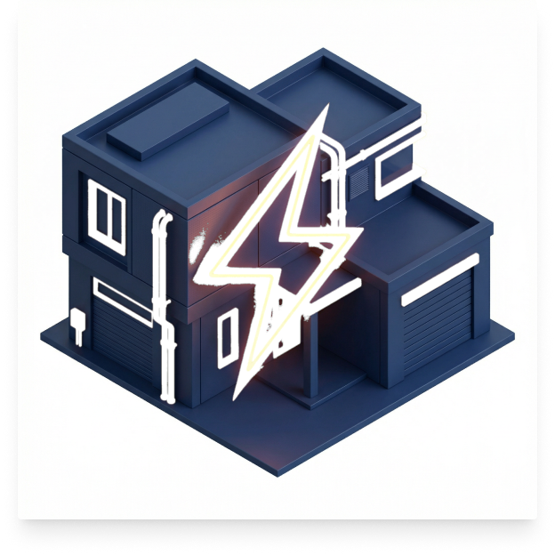 3D illustration of a commercial building with electrical symbols, representing reliable power systems for businesses and emergency electrical services.