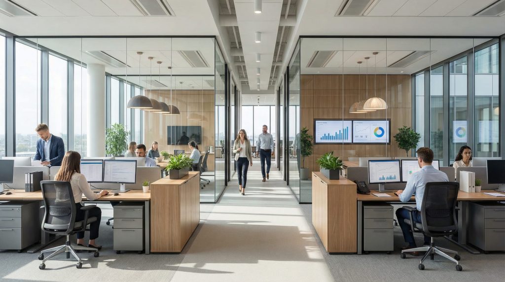Modern office environment with professionals collaborating, featuring large windows, plants, and multiple workstations, illustrating efficient business operations and teamwork.
