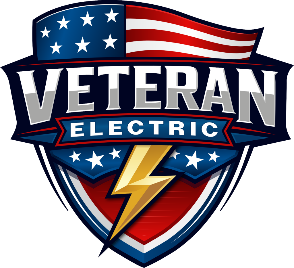 Veteran Electric logo featuring patriotic elements, lightning bolt, and bold text emphasizing veteran-owned electrical services.