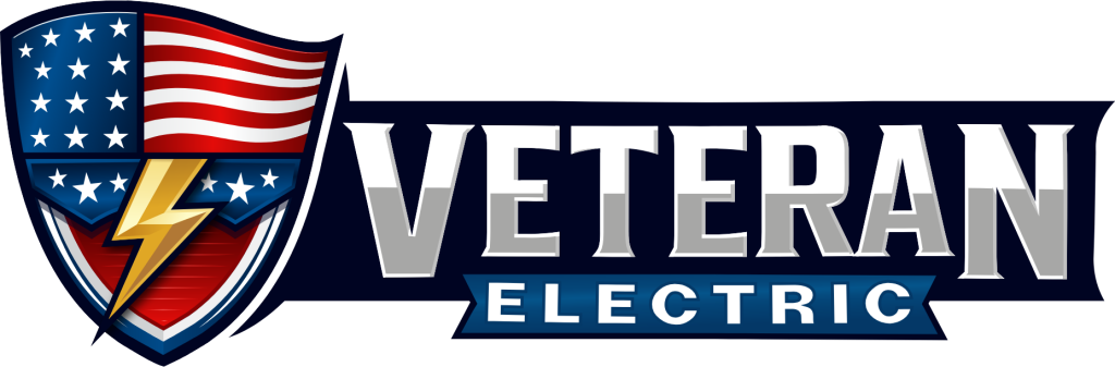 Veteran Electric logo featuring a shield with American flag, lightning bolt, and bold text emphasizing veteran-owned electrical services.