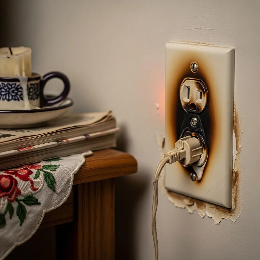 Close-up of a discolored electrical outlet indicating overheating risks from aluminum wiring