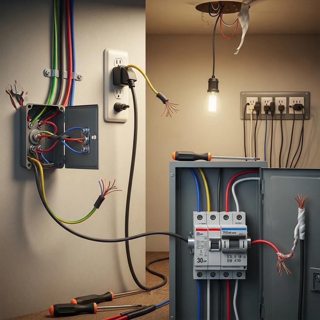 Common wiring issues in residential electrical systems, highlighting safety violations