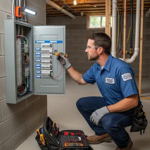 Electrician inspecting electrical panel in Kansas City home, emphasizing safety and compliance