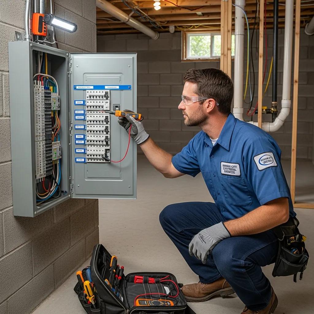 Electrician inspecting electrical panel in Kansas City home, emphasizing safety and compliance