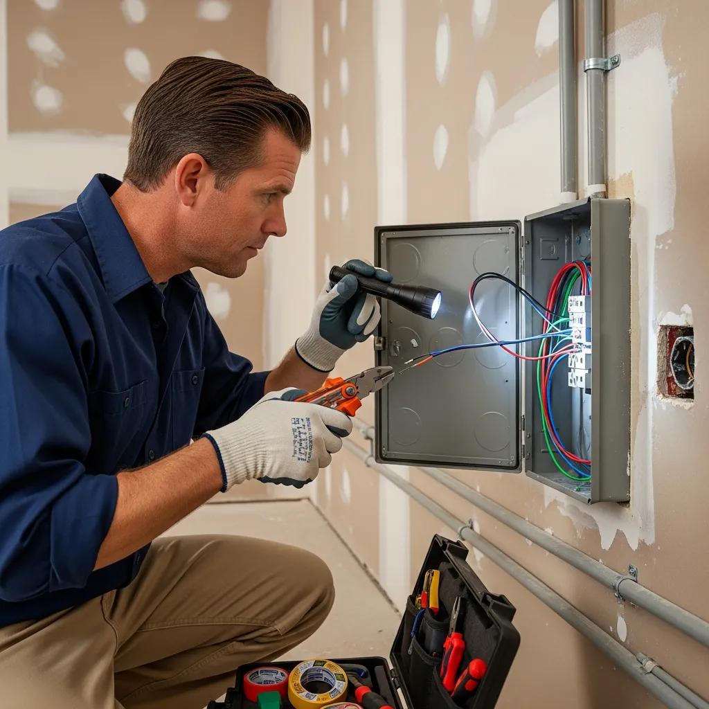 Electrician inspecting wiring connections to address flickering lights