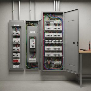 Modern electrical service panel comparison between 100 amp and 200 amp systems