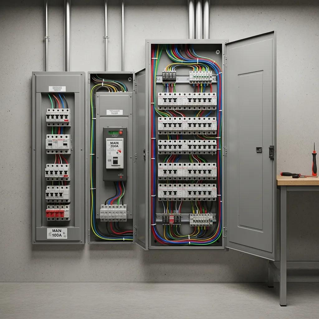 Modern electrical service panel comparison between 100 amp and 200 amp systems
