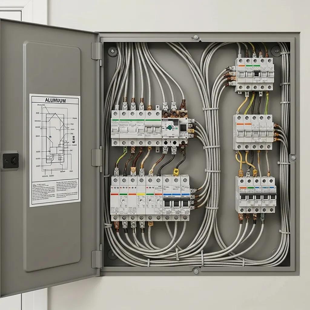 Residential electrical panel with aluminum wiring highlighting safety concerns