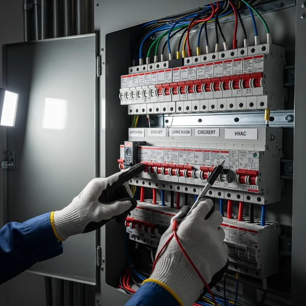 Technician inspecting circuit breaker panel for flickering light issues