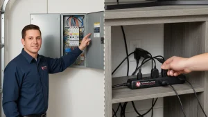 Electrician pointing to a home electrical panel beside a hand plugging into a power strip