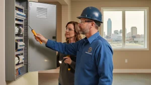 Electrician and homeowner inspecting a residential electrical panel with city skyline visible