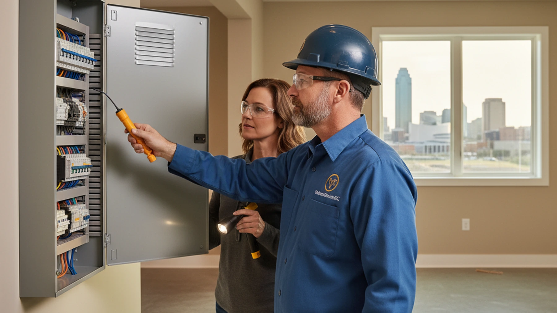 Electrician and homeowner inspecting a residential electrical panel with city skyline visible