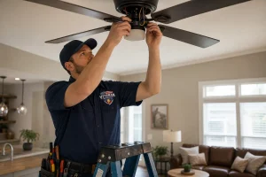 Licensed electrician performing ceiling fan wiring installation on a ladder in a Kansas City home