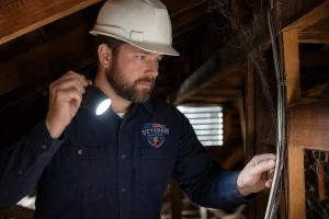 Licensed electrician inspecting knob and tube wiring in a Kansas City attic, showing how to tell if your home has knob and tube wiring