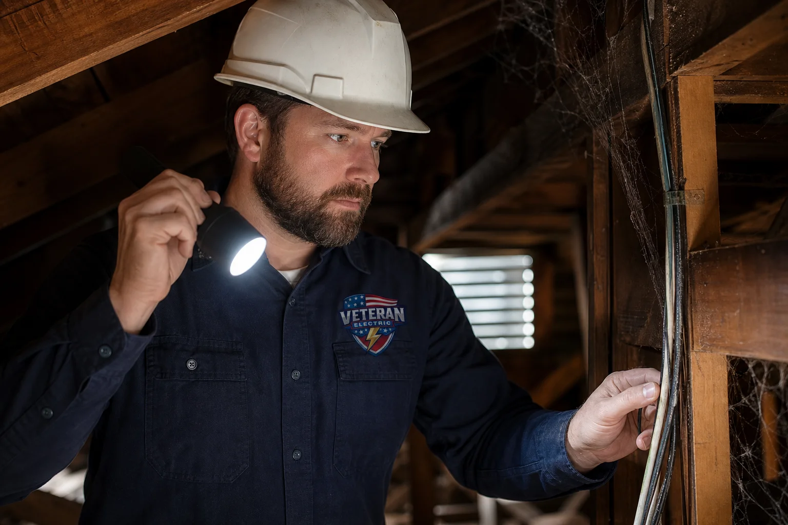 Licensed electrician inspecting knob and tube wiring in a Kansas City attic, showing how to tell if your home has knob and tube wiring