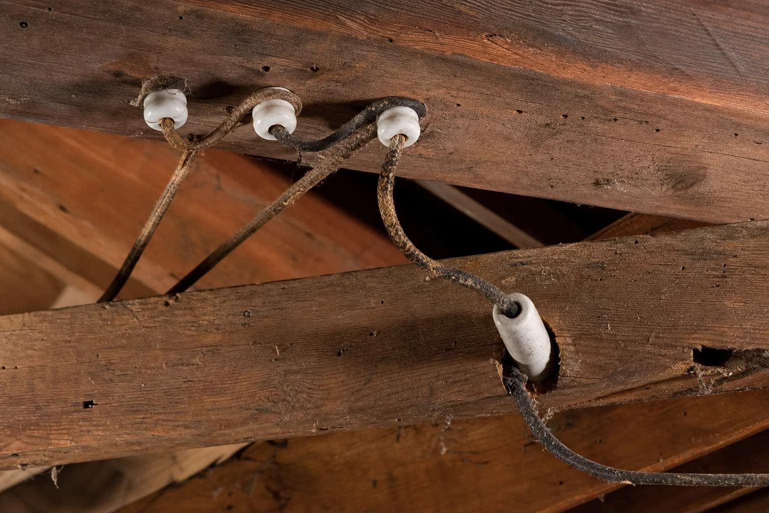 A licensed electrician in an attic inspecting original knob and tube wiring, with ceramic knobs visible on wooden joists and cloth-wrapped conductors running along the framing