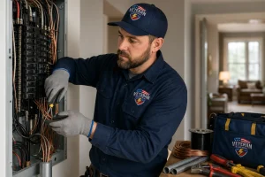 KC licensed electrician installing copper wiring in a residential electrical panel during a house rewire project