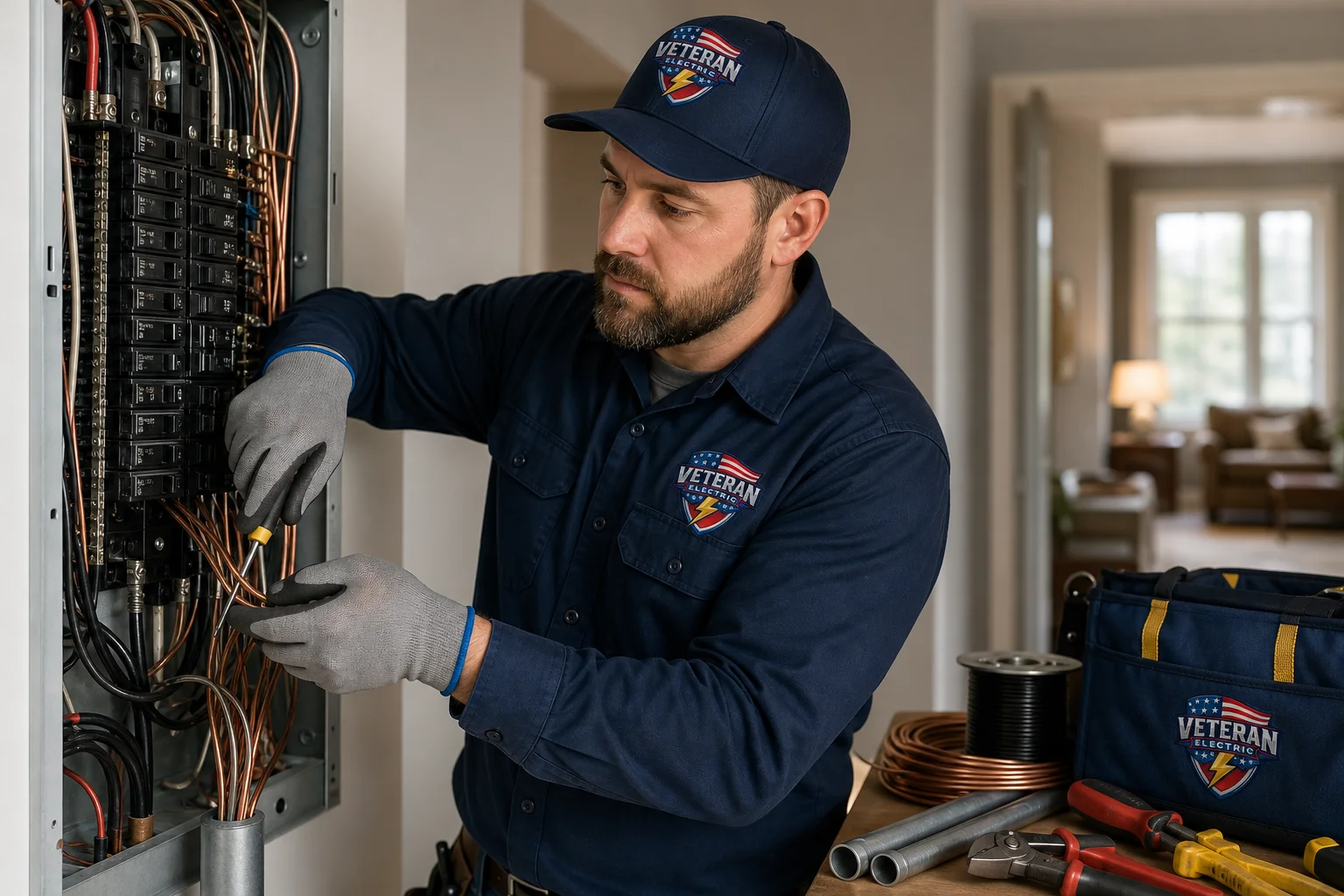 KC licensed electrician installing copper wiring in a residential electrical panel during a house rewire project