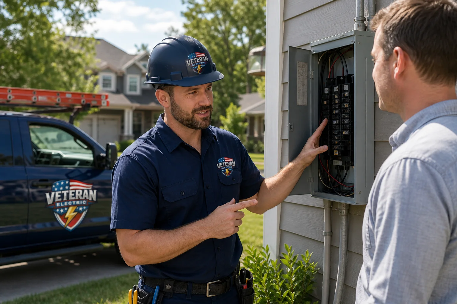 Licensed electrician inspecting a residential electrical panel during summer for summer electrical safety issues in Kansas City