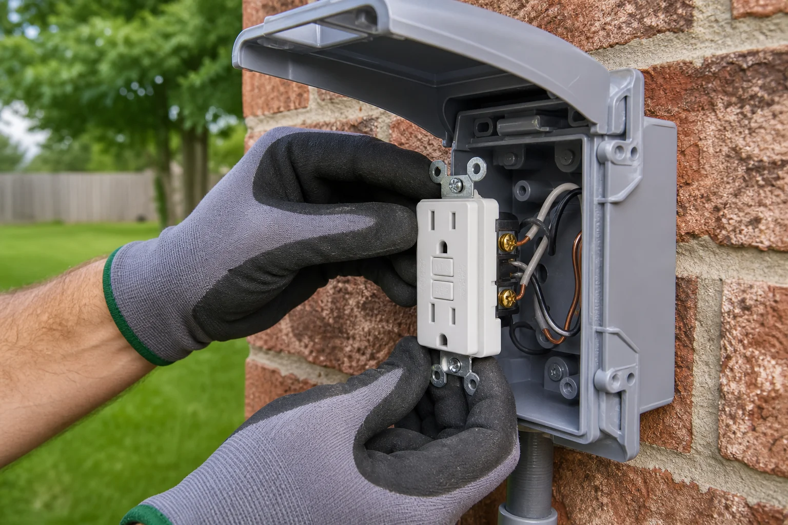 A licensed electrician installs a GFCI outlet in an outdoor weatherproof box at a Kansas City home, ensuring proper ground fault circuit protection for summer use