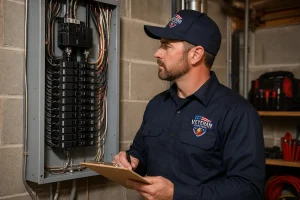Licensed electrician inspecting a 200-amp electrical service panel for a 100 vs 200 amp service upgrade in a Kansas City home