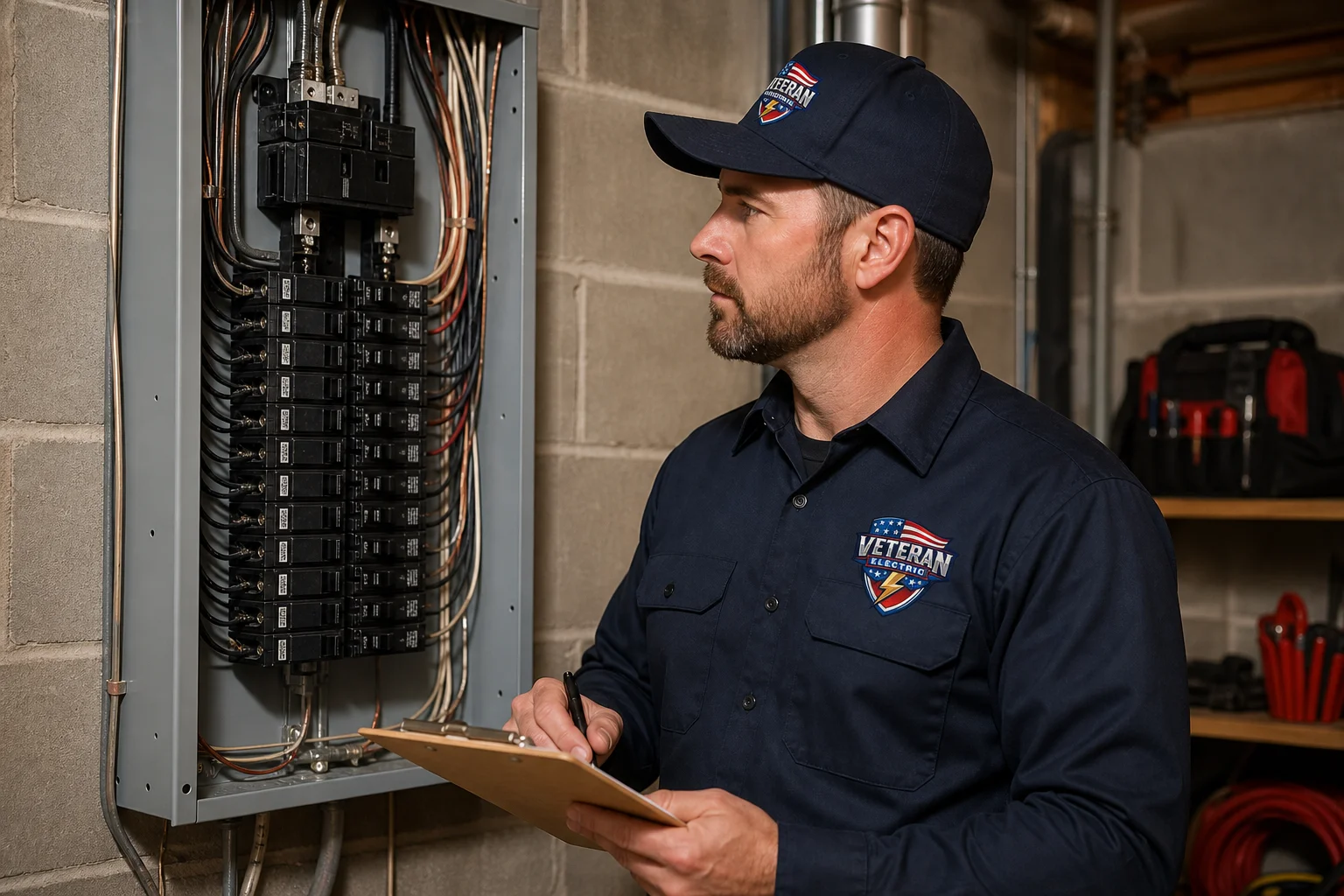 Licensed electrician inspecting a 200-amp electrical service panel for a 100 vs 200 amp service upgrade in a Kansas City home