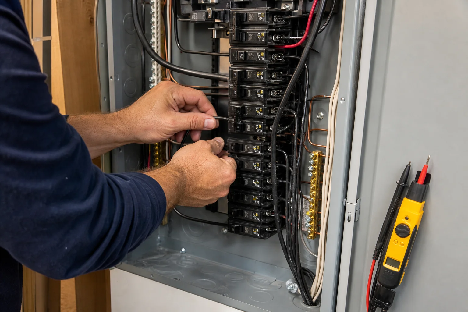 Licensed Kansas City electrician working on a residential 200-amp electrical panel upgrade