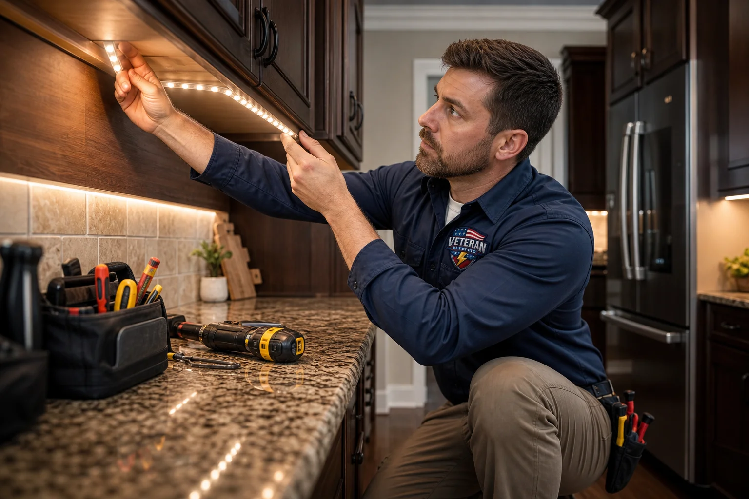 Licensed electrician installing hardwired under-cabinet lighting beneath dark wood kitchen cabinets in a Kansas City home