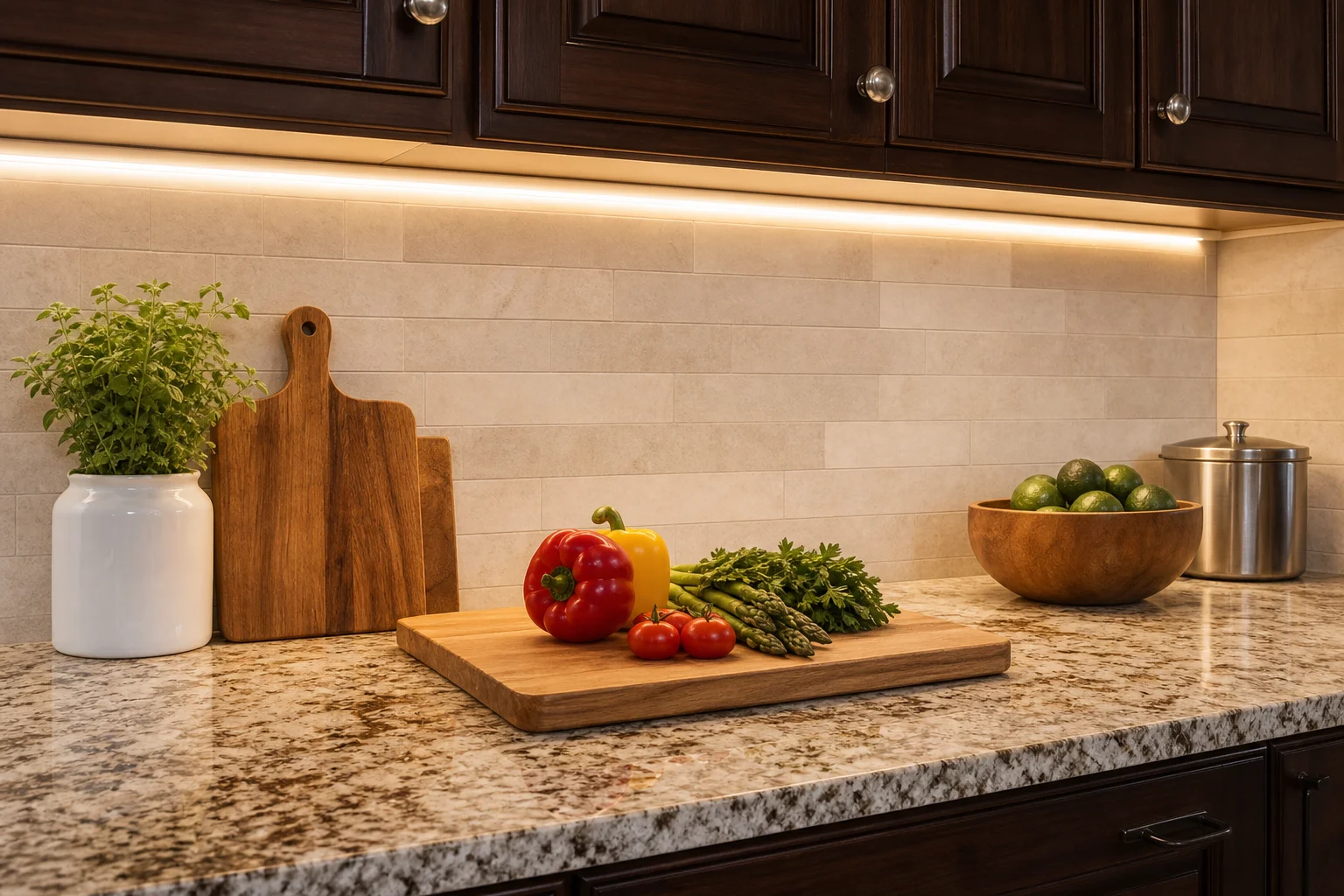 Under-cabinet LED strip lights glowing beneath dark wood kitchen cabinets in a Kansas City home, casting warm white light across a granite countertop