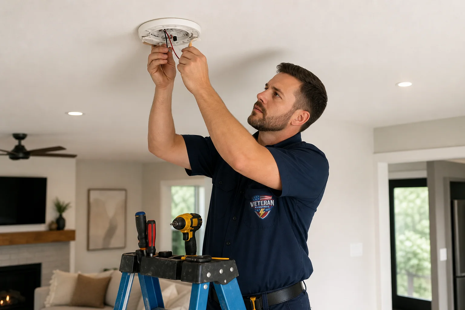 Licensed electrician installing hardwired vs battery smoke and CO detectors on a Kansas City home ceiling