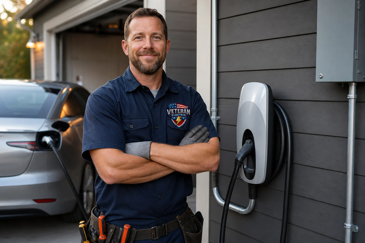 Kansas City electrician beside a hardwired vs plug-in ev charger installation on a residential garage wall