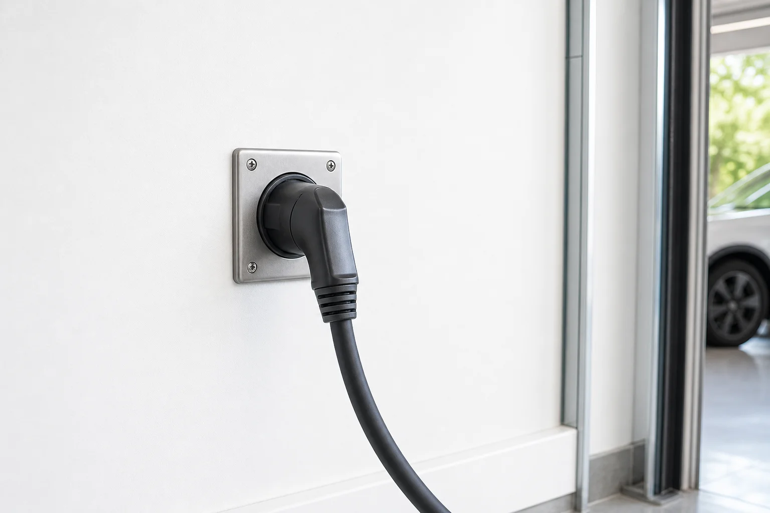 A licensed Kansas City electrician installing a hardwired Level 2 EV charger on a residential garage wall, with clean conduit running from the home electrical panel to the charger unit