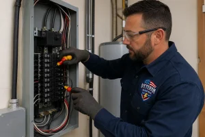 Kansas City licensed electrician performing a residential electrical panel upgrade service on a home utility room panel