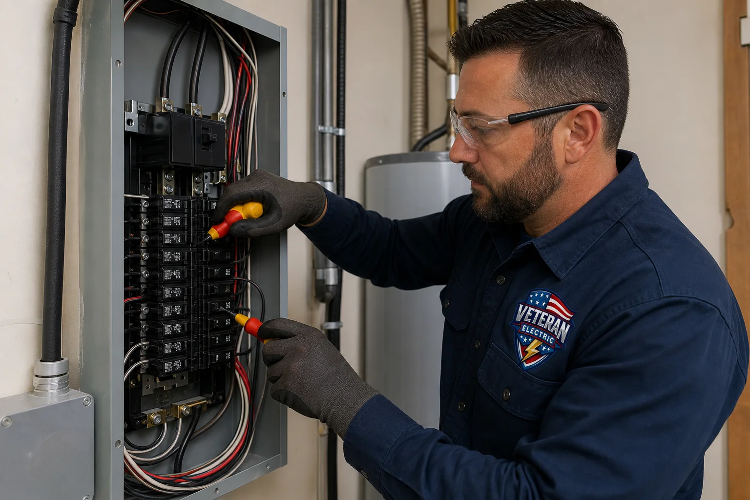 Kansas City licensed electrician performing a residential electrical panel upgrade service on a home utility room panel