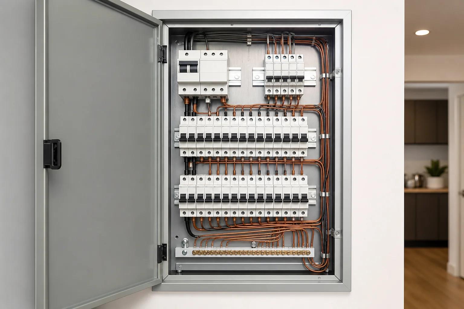 Organized residential electrical panel with modern circuit breakers during a Kansas City panel upgrade