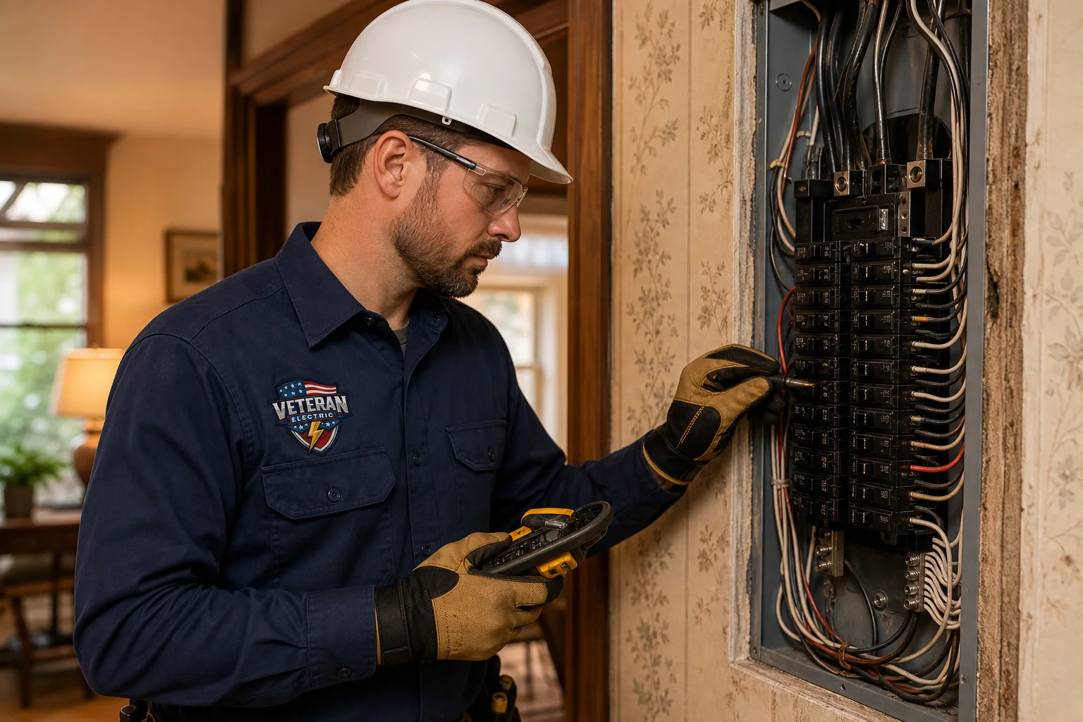Kansas City electrician in work uniform inspecting aluminum wiring inside a residential electrical panel for fire hazards