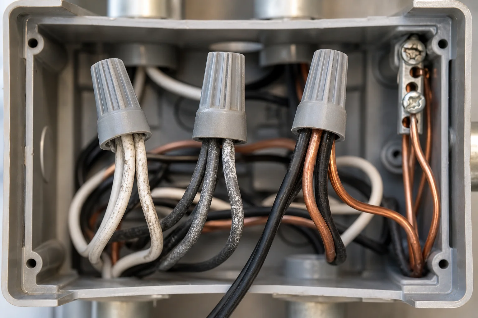 Licensed electrician inspecting aluminum wiring connections inside an electrical panel in a Kansas City home