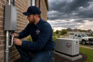 Licensed electrician installing a standby generator beside a Kansas City home with storm clouds overhead, illustrating the portable generator vs standby generator decision