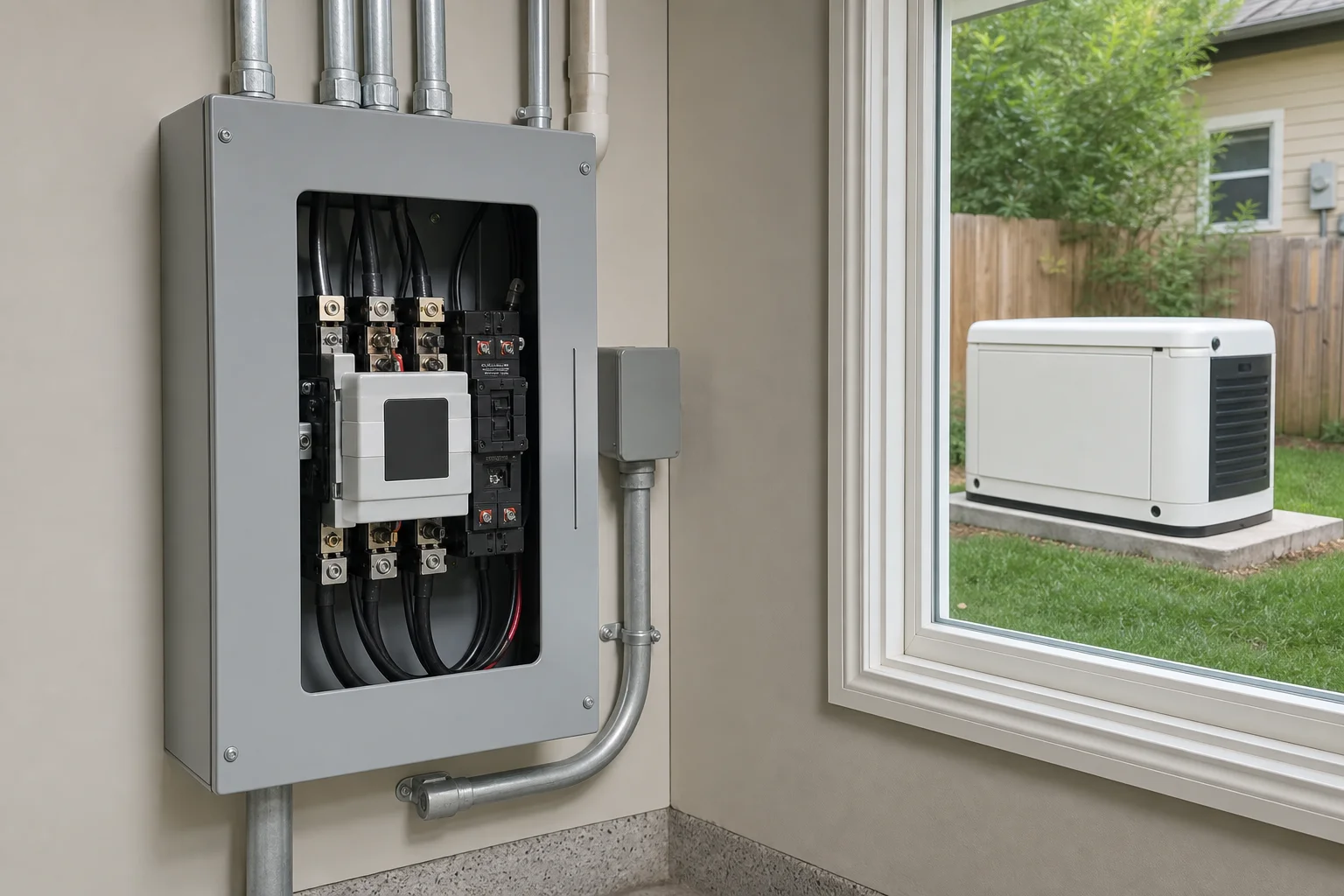 Automatic transfer switch panel inside a Kansas City home electrical room, with a white standby generator unit visible outside through a window in the background, photorealistic, no text or labels