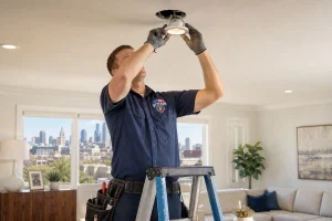 Kansas City electrician installing recessed vs track vs flush mount ceiling lighting in a modern home