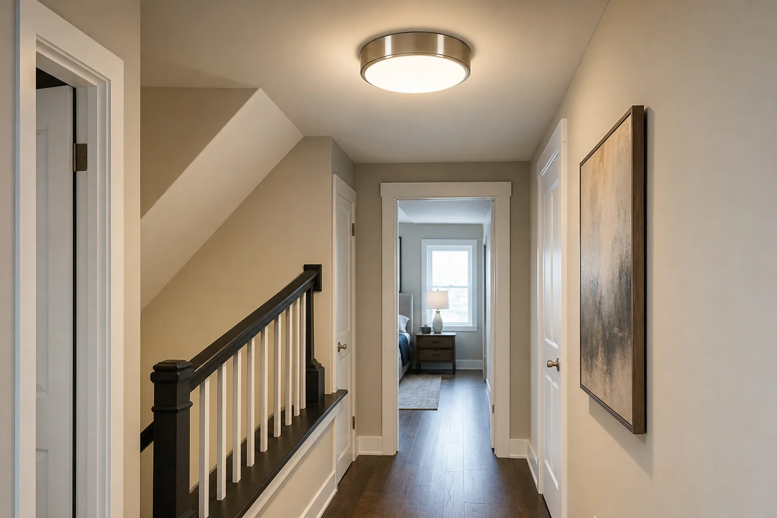 Flush mount ceiling light glowing in a Kansas City home hallway with low ceilings