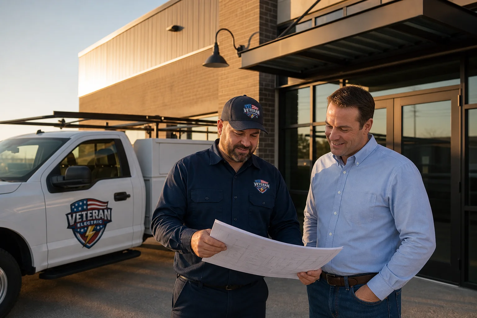 Licensed commercial electrician reviewing plans outside a Kansas City business, illustrating the residential vs commercial electrician distinction