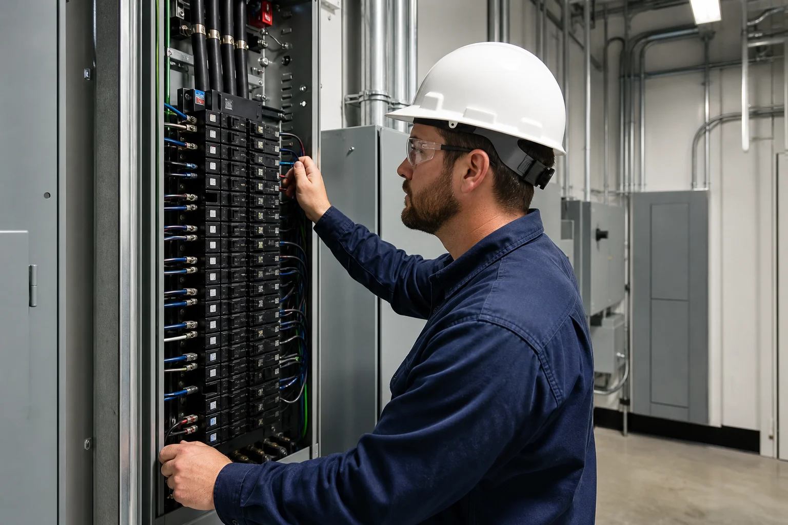 Licensed commercial electricians inspecting a three-phase electrical panel inside a Kansas City business facility