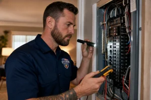 Licensed electrician from Veteran Electric KC inspecting a residential electrical panel for signs a Kansas City home needs rewiring