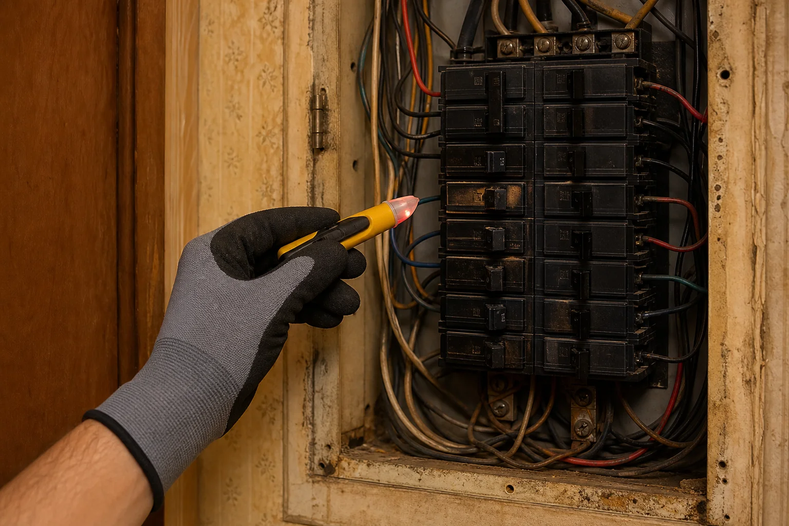 A licensed Kansas City electrician from Veteran Electric KC inspecting an older residential electrical panel for rewiring assessment