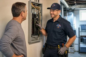 Licensed electrician explaining the panel upgrade in Kansas City to a homeowner beside an open residential electrical panel