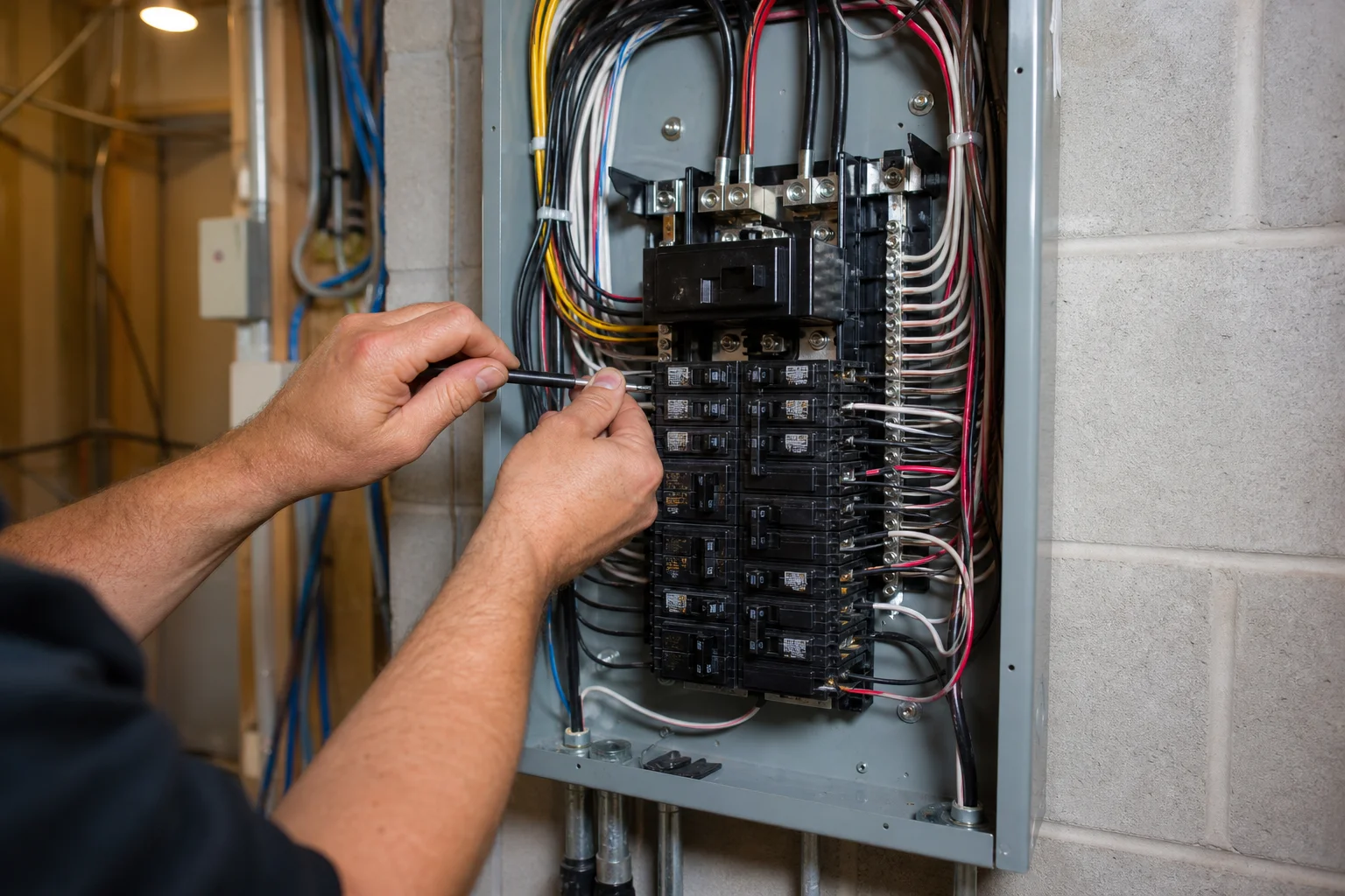 A licensed electrician carefully wiring a new 200-amp residential electrical panel during a Kansas City panel upgrade