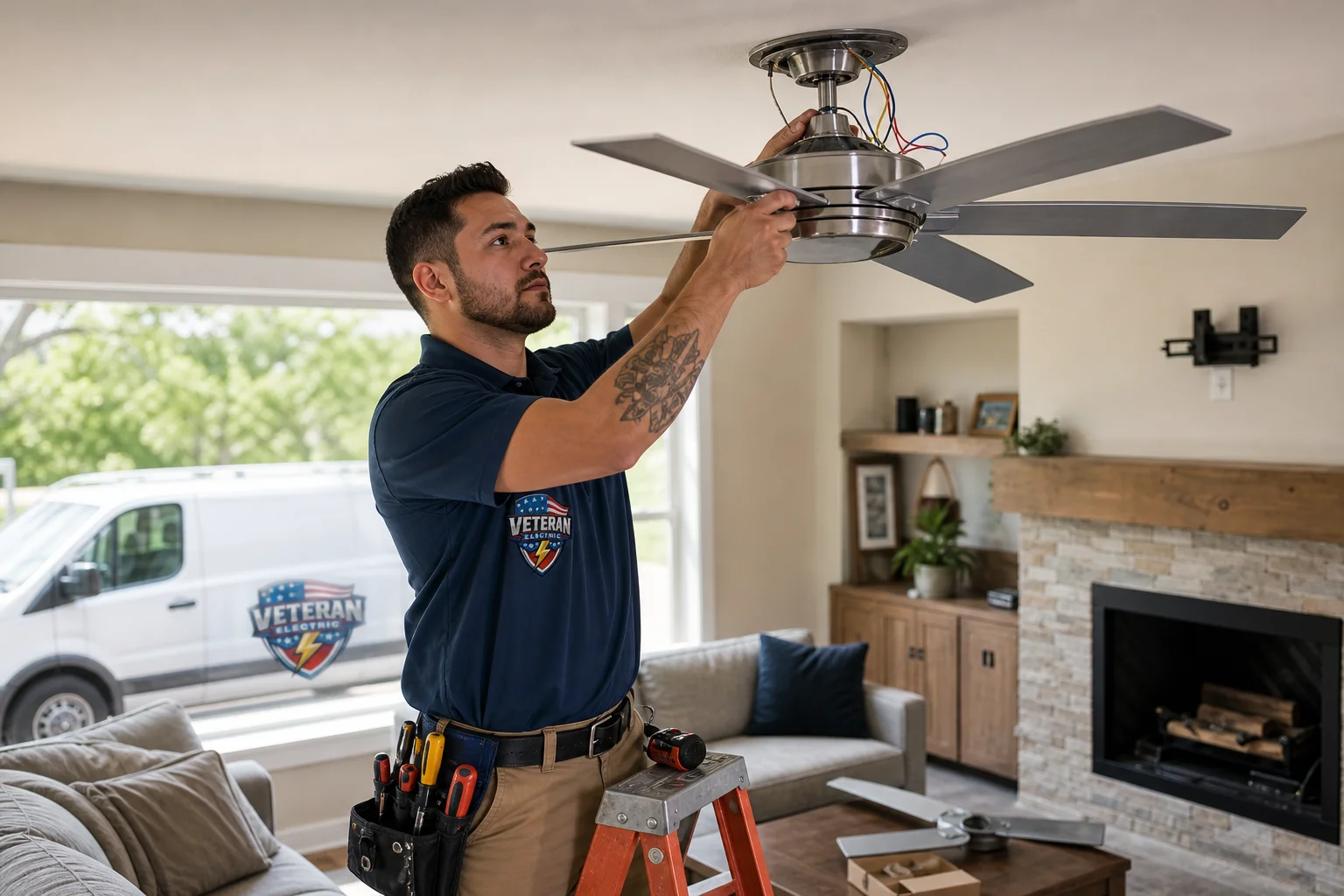 Veteran electrician installing a ceiling fan in a Kansas City home during a ceiling fan installation