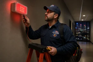 Licensed electrician testing an emergency exit sign during a lighting inspection in a Kansas City commercial building