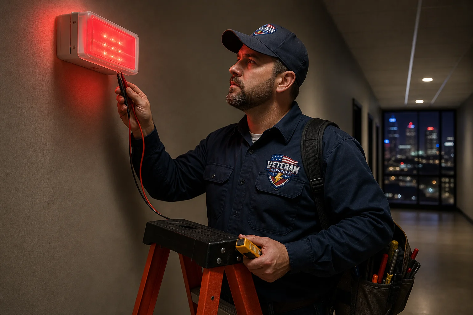 Licensed electrician testing an emergency exit sign during a lighting inspection in a Kansas City commercial building